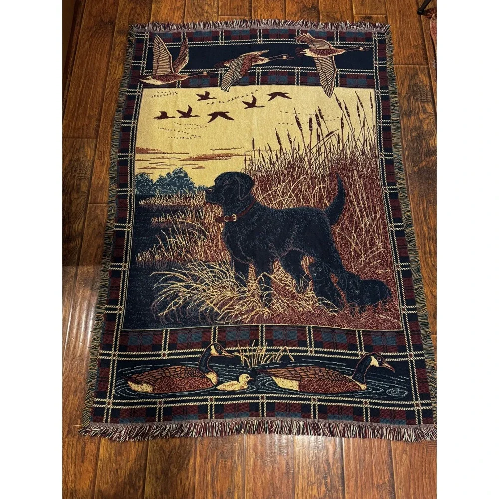 Vintage 1994 MWW Black Lab Duck Hunting Tapestry Throw Blanket 49x72 Fringe